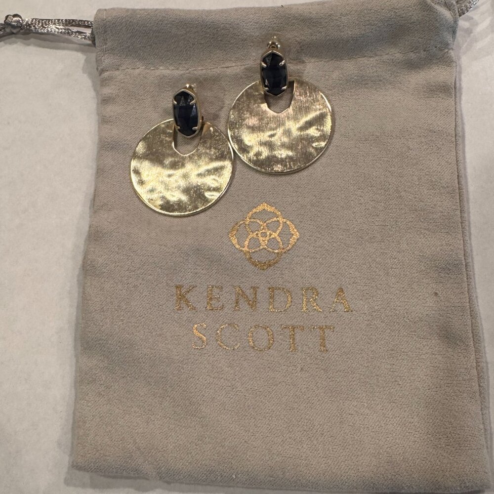 Kendra Scott Gold Tone Disc Drop Earrings with Navy Stone and Bag
